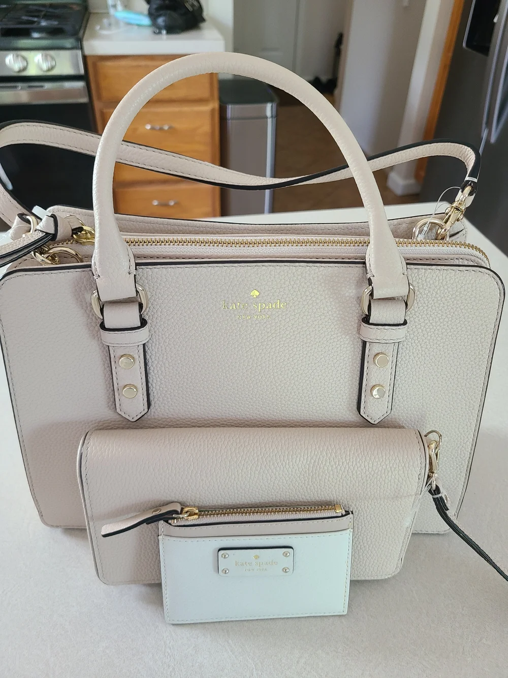 NEW kate spade Beige Pebbled Leather Satchel with Matching Pouch and Cardholder